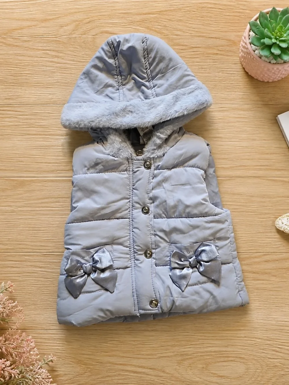 Little Lass Girls 3T Light Blue Puffer Vest Faux Fur Hood Bow Winter Jacket
